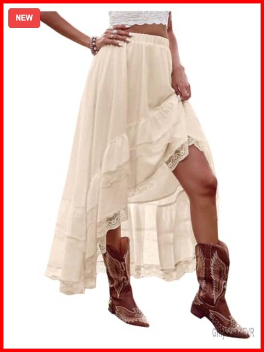 Boho Maxi Skirt High Low Asymmetrical Lace Ruffle Hem Flowy